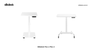 imagem de duas mesas compactas lado a lado no fundo branco, na esquerda slikdesk flex branca, e na direita flex 2 branca