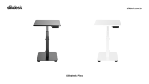 modelos de mesas compactas flex nas cores branca e preta lado a lado no fundo branco