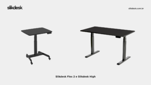 imagem com duas mesas com regulagem de altura elétrica da slikdesk, mesa compacta flex 2 na corta preta e mesa slikdesk high na cor preta, ambas no fundo branco lado a lado