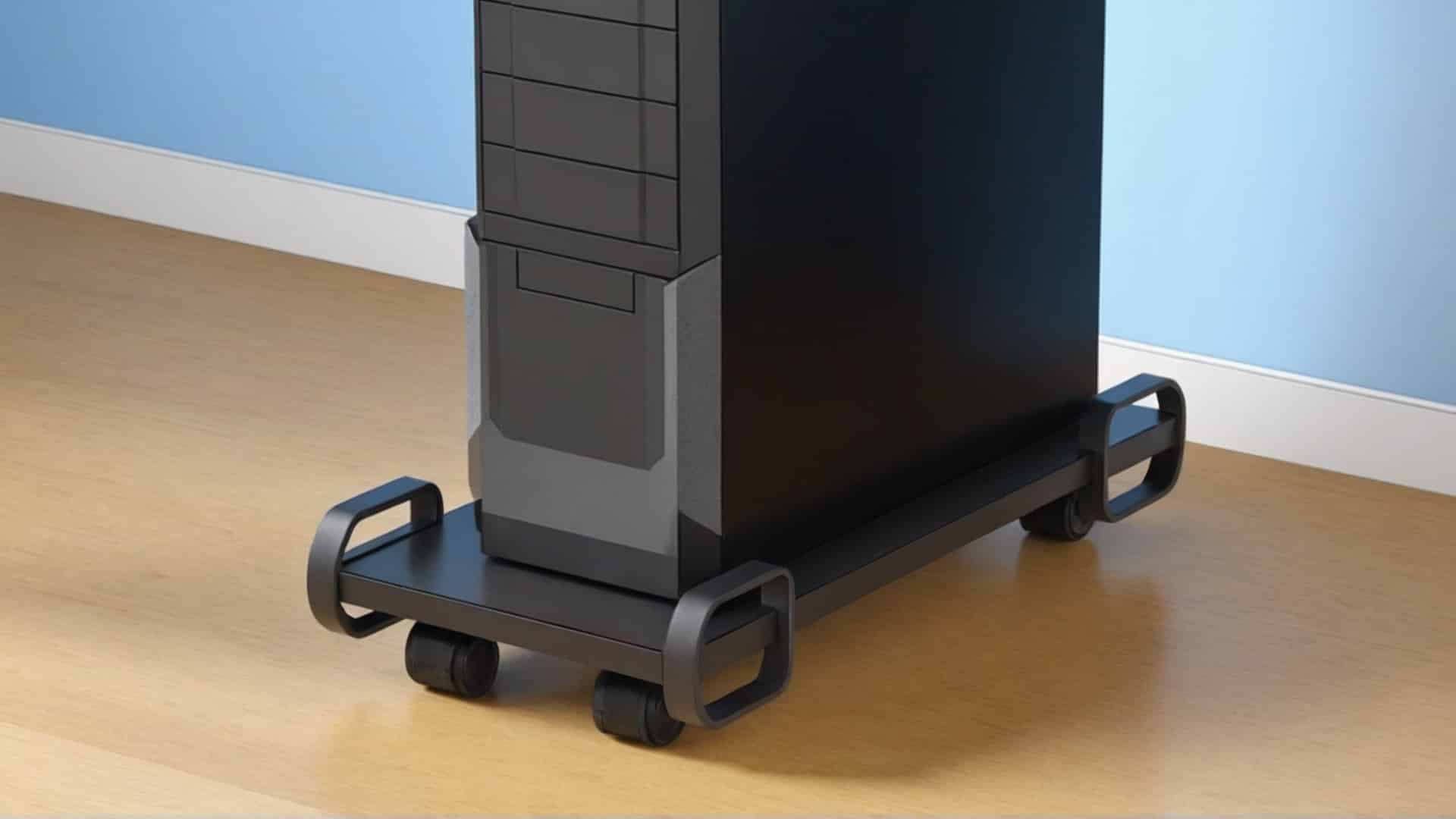 imagem de um suporte de gabinete de chão com rodinhas e um gabinete preto