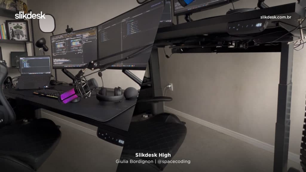 imagem dividida ao meio com uma mesa com regulagem de altura slikdesk high preta na posição máxima e mínia